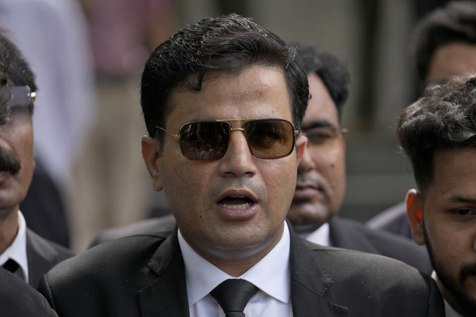 Naeem Haider Panjutha, a lawyer of imprisoned former Prime Minister Imran Khan's legal team, speaks outside the Islamabad High Court in Islamabad, Pakistan, Thursday, Aug. 24, 2023. A court in Pakistan's capital is likely to issue a crucial ruling Thursday on an appeal from the country's imprisoned former Prime Minister Khan against his recent conviction and three-year sentence in a graft case, one of his lawyers said. (AP Photo/Anjum Naveed)