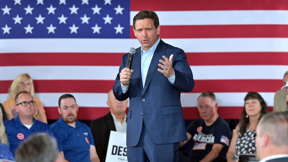 Republican presidential candidate Florida Gov. Ron DeSantis speaks during a town hall event in Hollis, New Hampshire on June 27, 2023. - Josh Reynolds/AP