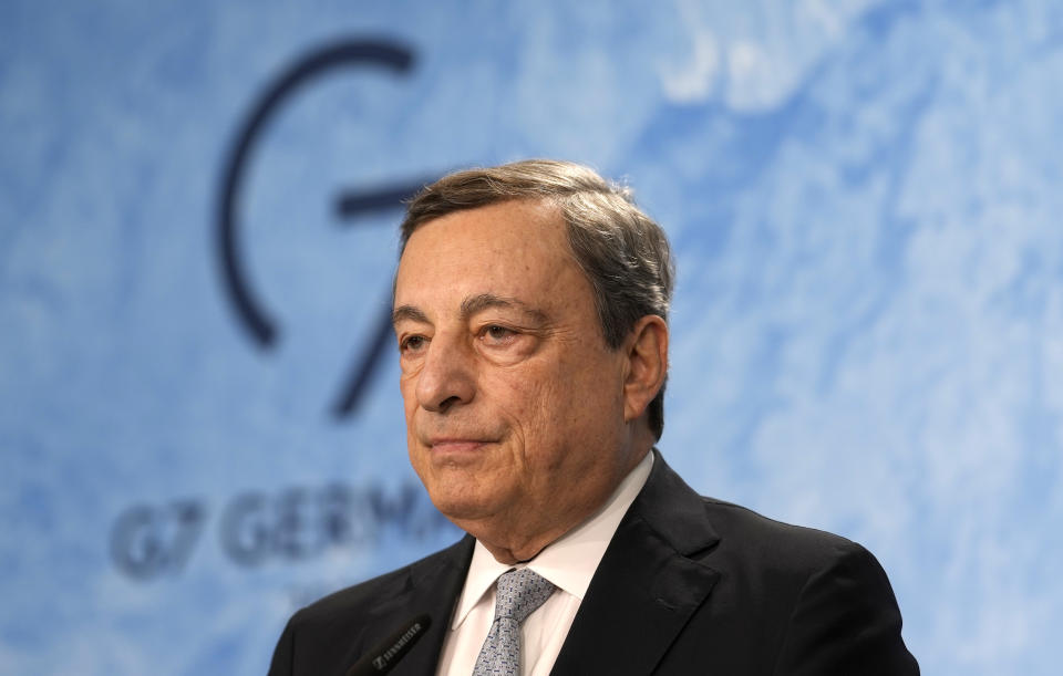 Italy's Prime Minister Mario Draghi addresses a media conference during the G7 summit at Castle Elmau in Kruen, Germany, on Tuesday, June 28, 2022. The Group of Seven leading economic powers are concluding their annual gathering on Tuesday. (AP Photo/Markus Schreiber)