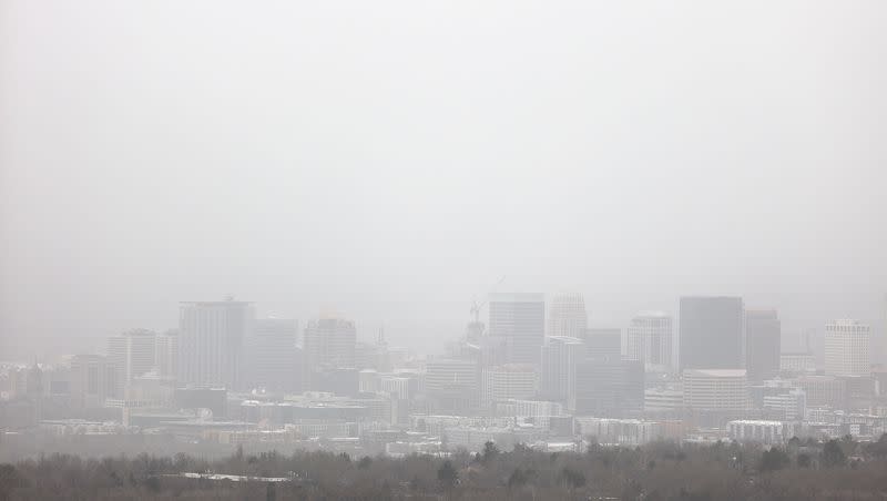 Visibility is limited as dust blows over Salt Lake City during a windstorm on Tuesday, April 18, 2023. A new study says air pollution can impact one’s heartbeat.