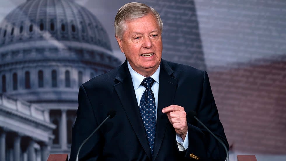 Sen. Lindsey Graham (R-S.C.) addresses reporters during a press conference on Friday, December 10, 2021 to discuss the Congressional Budget Office score of the Build Back Better Act.