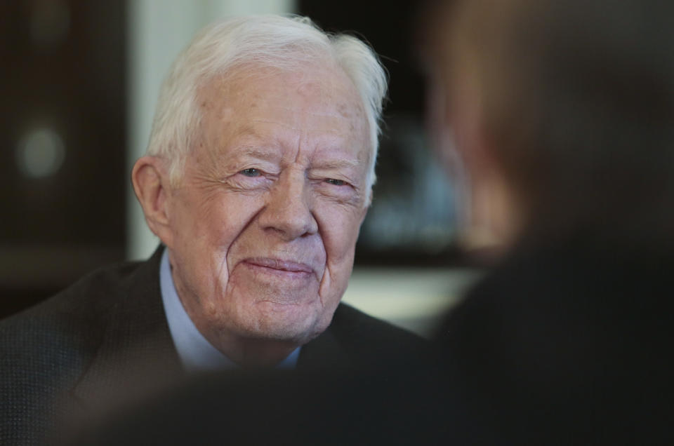 Former U.S. President Jimmy Carter speaks during an interview on Monday March 24, 2014 in New York. Carter says he doesn't support the Palestinian-led "boycott, divest, sanction" campaign against Israel but says products made in Israel-occupied Palestinian territories should be clearly labeled. (AP Photo/Bebeto Matthews)