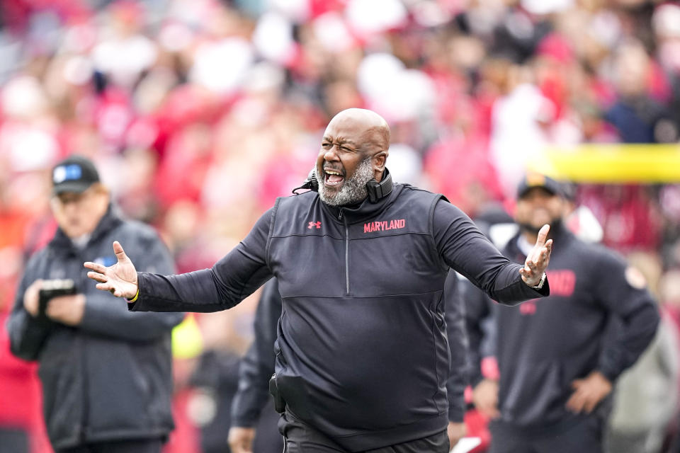 Maryland head coach Michael Locksley disputes a call during the second half of an NCAA college football game against Wisconsin, Saturday, Nov. 5, 2022, in Madison, Wis. (AP Photo/Andy Manis)