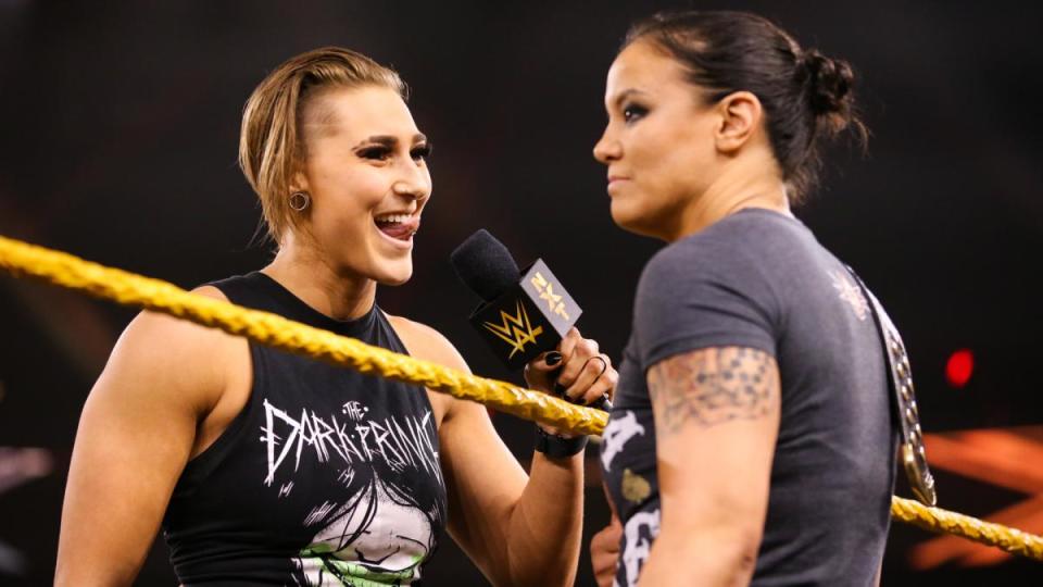 Rhea Ripley taunts NXT women's champion Shayna Baszler during an episode of NXT. (Photo courtesy of WWE)