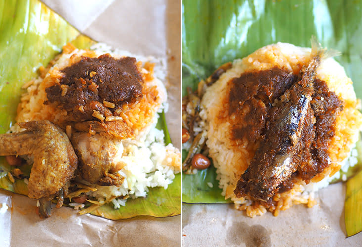 The 'ayam goreng nasi lemak' is served with a small piece of boneless chicken meat and 'kunyit' fried chicken wing (left). There's even a fish version where you get a small piece of fried fish on top of your 'sambal' and rice (right).