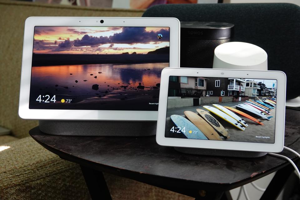 The new Google Nest Hub Max, with a ten-inch screen, back to back with the old Nest Hub, with a 7-inch screen.