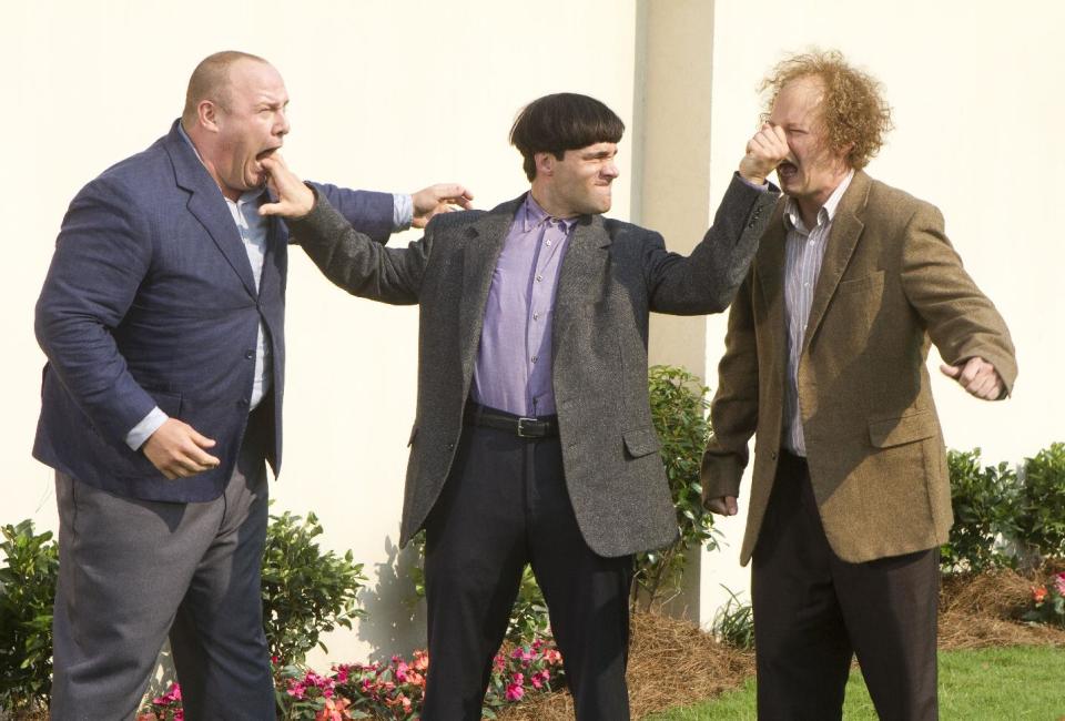In this image released by 20th Century Fox, from left, Will Sasso, Chris Diamantopoulos, and Sean Hayes are shown in a scene from "The Three Stooges." (AP Photo/20th Century Fox, Peter Iovino)