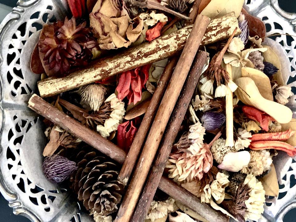 Close-up of a potpourri tin bowl