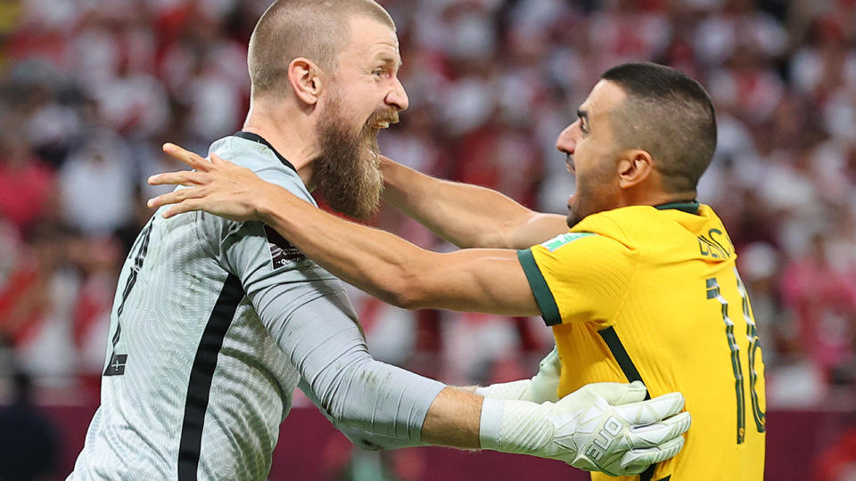 Socceroos back-up goalkeeper Andrew Redmayne saved the decisive penalty that sent Australia to the FIFA World Cup. (Photo by KARIM JAAFAR/AFP via Getty Images)