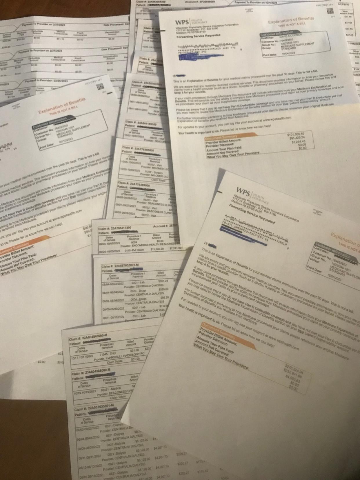 Healthcare bills and statements are strewn across a kitchen table. The costs listed within the Hoosier’s statements demonstrate the importance of obtaining quality health insurance with prices ranging from $90,000 to $276,000 for uninsured hospital visits.