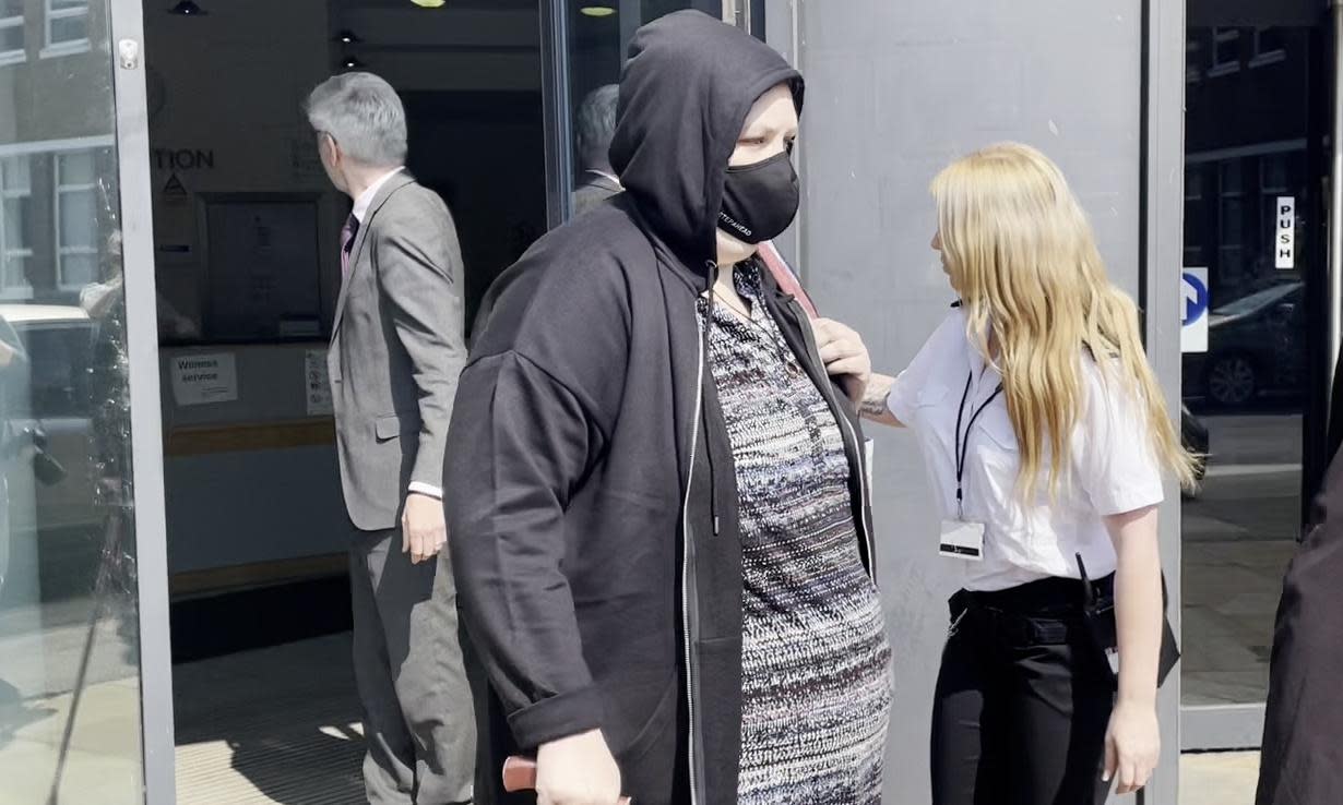 <span>Holly LeGresley (centre) leaving Worcester magistrates court on Tuesday.</span><span>Photograph: Matthew Cooper/PA</span>