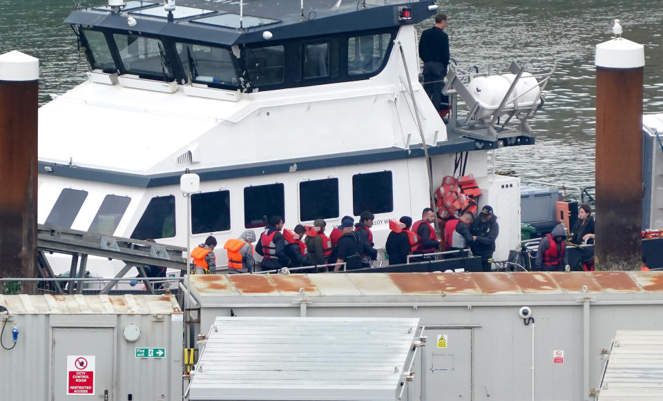 A group of people thought to be migrants are brought in to Dover, Kent, from a Border Force vessel after being rescued during a small boat incident in the Channel. Picture date: Friday August 4th, 2023. (Photo by Gareth Fuller/PA Images via Getty Images)