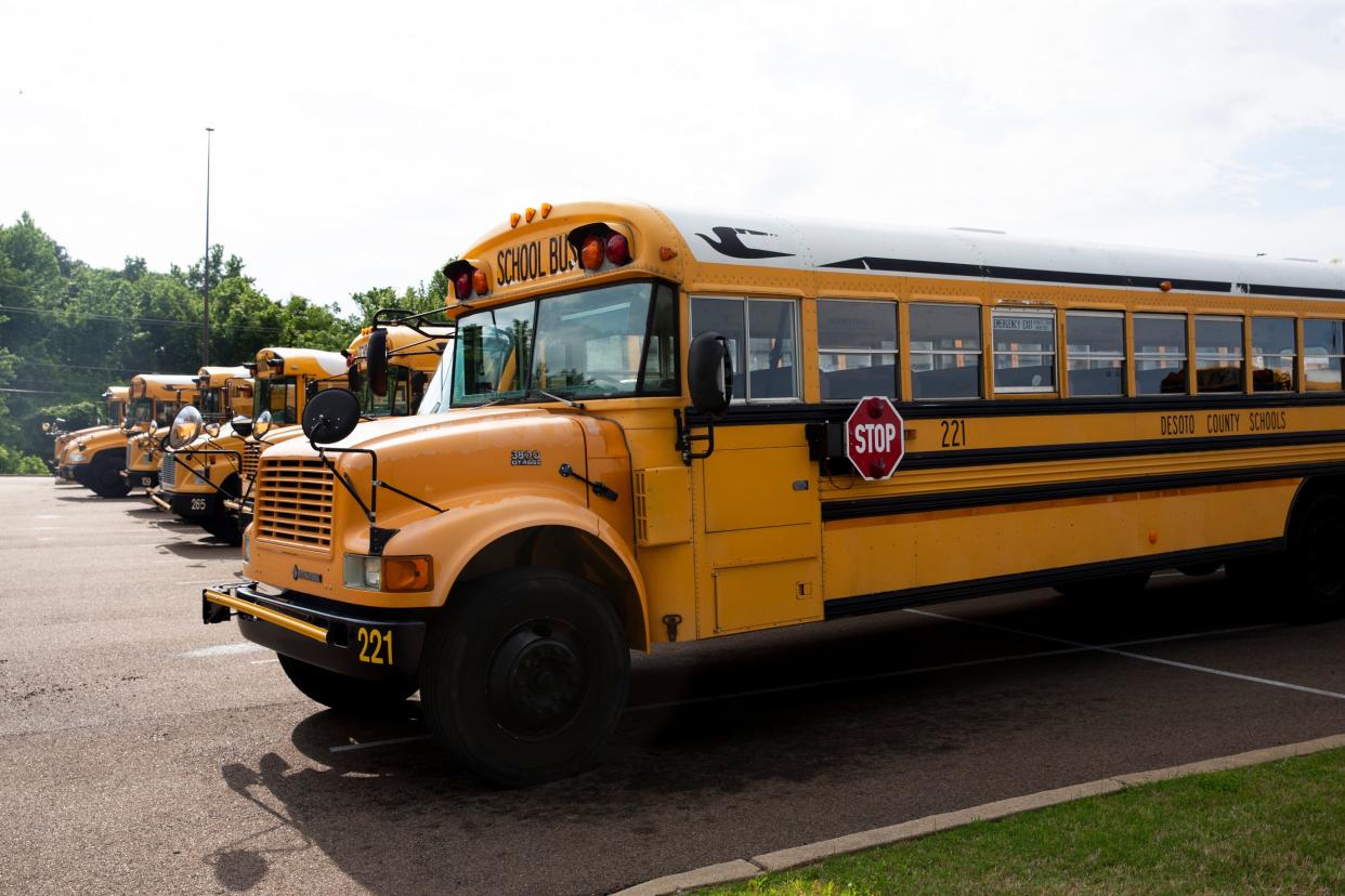 School buses for DeSoto County Schools are seen at Horn Lake High School in Horn Lake, Miss., on Tuesday, May 16, 2023.