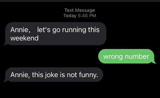 Text conversation where one person suggests to Annie they go running this weekend, receives a "wrong number" reply, and then remarks that the joke is not funny