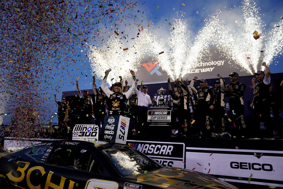 Kyle Busch celebrates after winning a NASCAR Cup Series auto race at World Wide Technology Raceway, Sunday, June 4, 2023, in Madison, Ill. (AP Photo/Jeff Roberson)