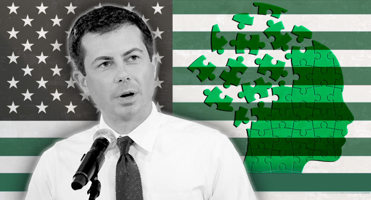 Pete Buttigieg and mental health policy. (Photo illustration: Yahoo News; photos: Mary Schwalm/AP, Getty Images, AP)