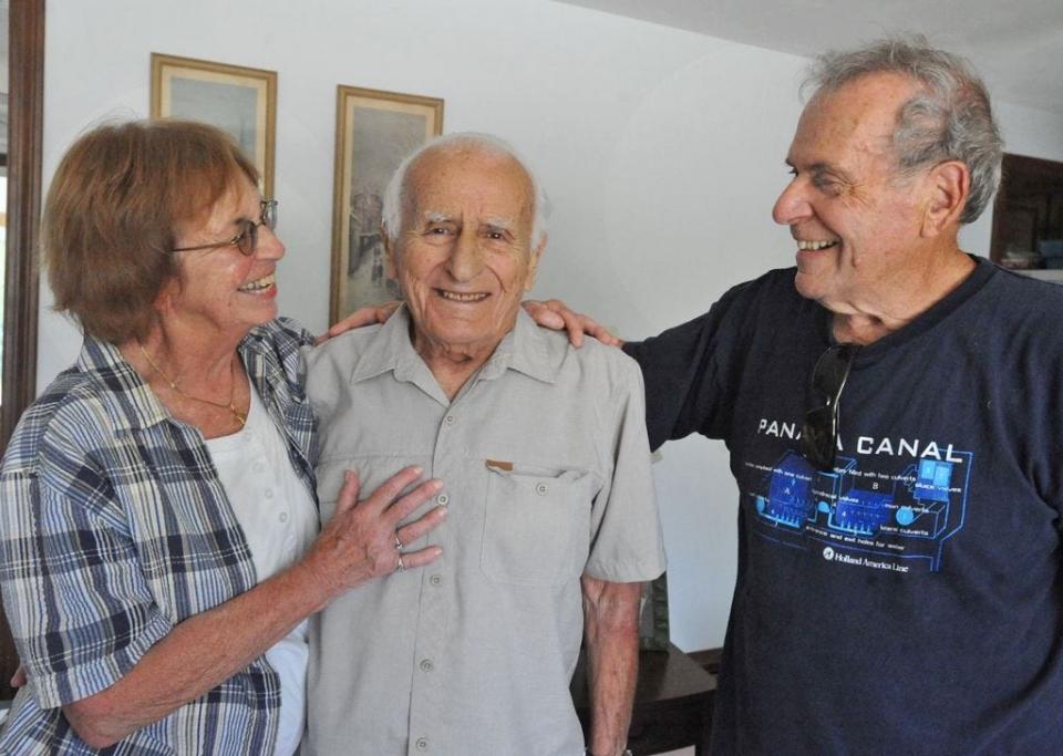 Peter Fontana Sr., of Weymouth, center, shown as he turned 98 in 2020, sharing a laugh with fellow Meals on Wheels volunteers, Frances Hale, then 78, left, and Rudy Clerico, 86, both of Weymouth.
