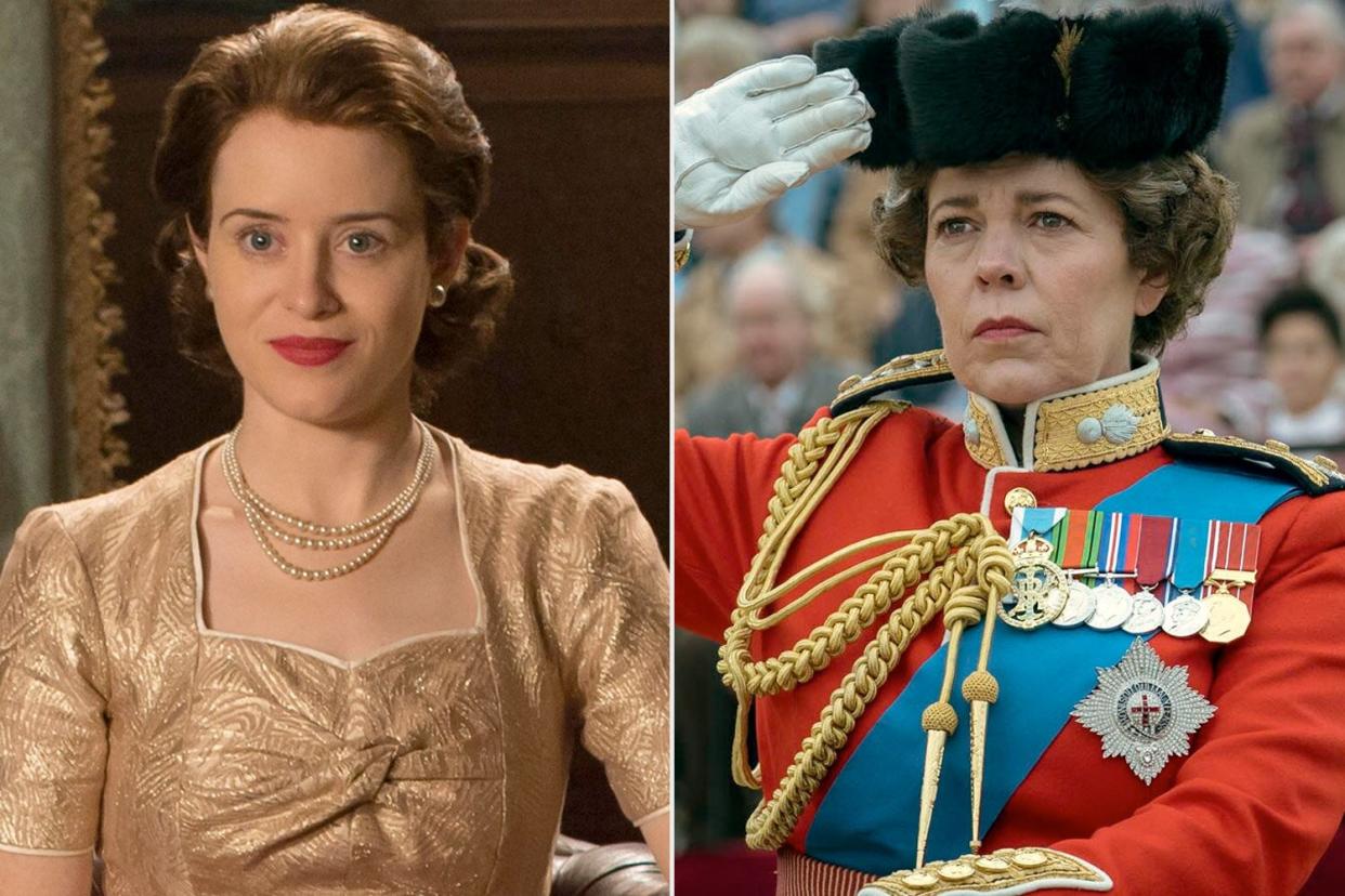 Claire Foy &amp; Olivia Coleman as queen elizabeth on the crown