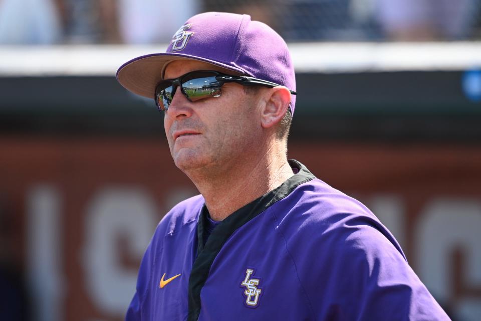 Jun 26, 2023; Omaha, NE, USA;  LSU Tigers head coach Jay Johnson looks over the field before the game against the Florida Gators at Charles Schwab Field Omaha. Mandatory Credit: Steven Branscombe-USA TODAY Sports
