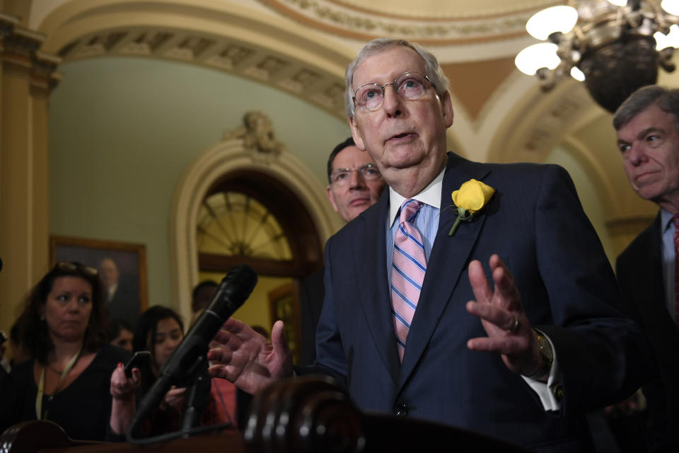 Senate Majority Leader Mitch McConnell of Ky., speaks to reporters following the weekly policy lunches on Capitol Hill in Washington, Tuesday, June 4, 2019. (AP Photo/Susan Walsh)