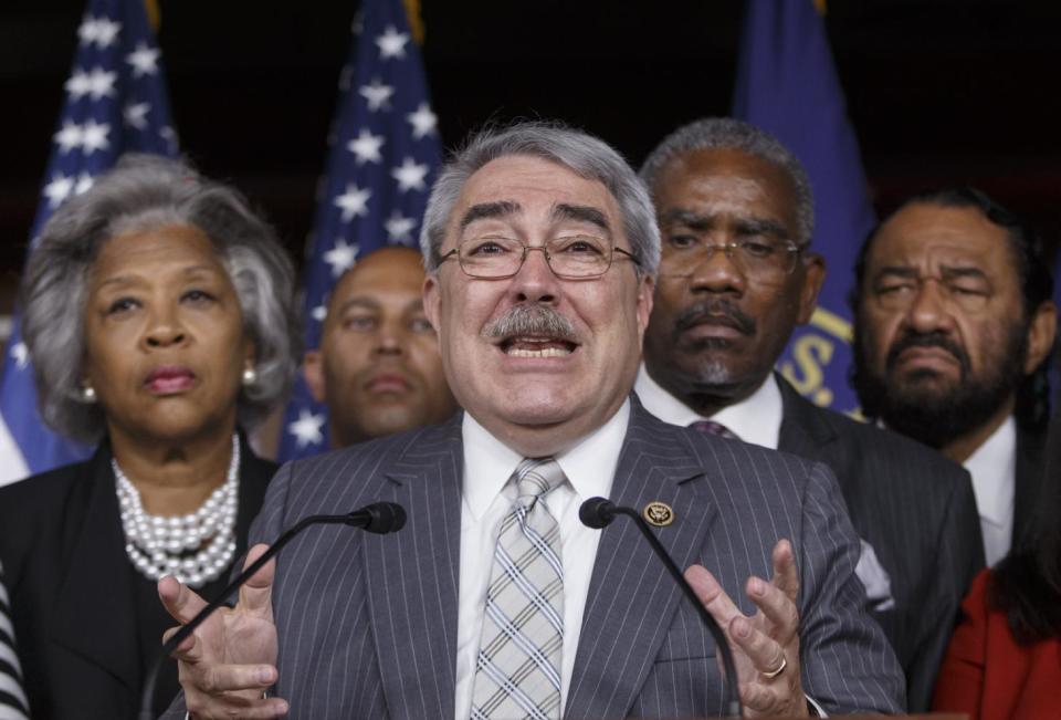 FILE - In this July 8, 2016 file photo, then-Congressional Black Caucus Chairman Rep. G. K. Butterfield, D-N.C., center, accompanied by, from left, Rep. Joyce Beatty , D-Ohio, Rep. Hakeem Jeffries, D-N.Y., Butterfield, Rep. Gregory W. Meeks, D-N.Y., and Rep. Al Green, D-Texas, speaks during a news conference on Capitol Hill in Washington. For almost eight years, the members of the Congressional Black Caucus existed in the shadow of the first black president, simultaneously praising President Barack Obama’s achievements while pushing him to do more for their constituents who overwhelmingly supported his history-making campaign and administration. (AP Photo/J. Scott Applewhite, File)