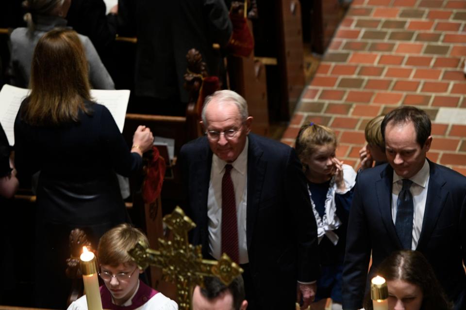 Former Gov. Lamar Alexander leaves after attending the memorial service for his wife, former first lady of Tennessee Honey Alexander, at Christ Church Cathedral in Nashville, Tenn., Saturday, Dec. 10, 2022.