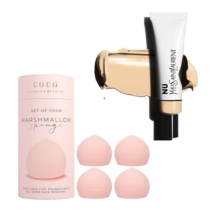 Yves Saint Laurent’s Nu Bare Look Tint Hydrating Skin Tint Foundation, £28; Coco Cosmetics by Chloe Marshmallow Sponge, £24.95