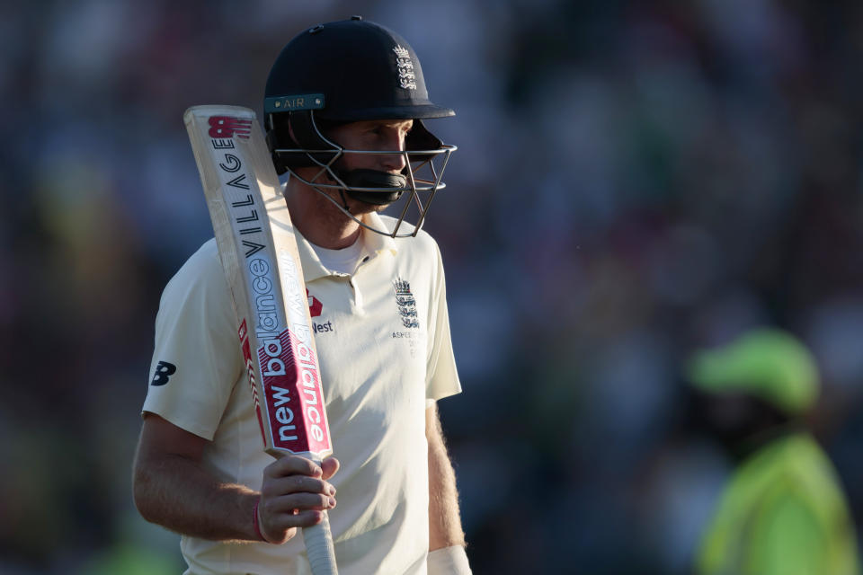 England's Joe Root walks from the pitch on the third day of the 3rd Ashes Test cricket match between England and Australia at Headingley cricket ground in Leeds, England, Saturday, Aug. 24, 2019. (AP Photo/Jon Super)