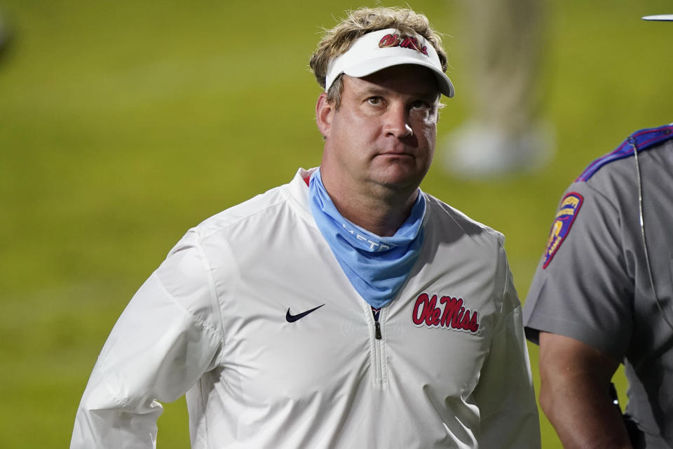 Mississippi coach Lane Kiffin looks up as he leaves the field following an NCAA college football game against Alabama in Oxford, Miss., Saturday Oct. 10, 2020. Alabama won 63-48. (AP Photo/Rogelio V. Solis)