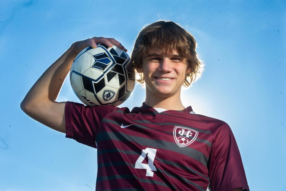 Holland Christian's Lake VanderPloeg poses for a portrait Tuesday, Nov. 14, 2023, at Holland Christian High School. VanderPloeg has been named The Sentinel's Soccer Player of The Year.