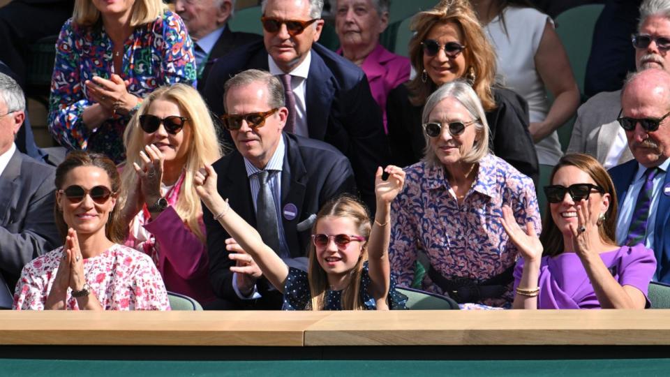 PHOTO: Pippa Middleton, Stefan Edberg, Princess Charlotte of Wales, Marjory Gengler and Catherine Princess of Wales court-side of Centre Court during the men's final at the All England Lawn Tennis and Croquet Club on July 14, 2024 in London. (Karwai Tang/WireImage via Getty Images)