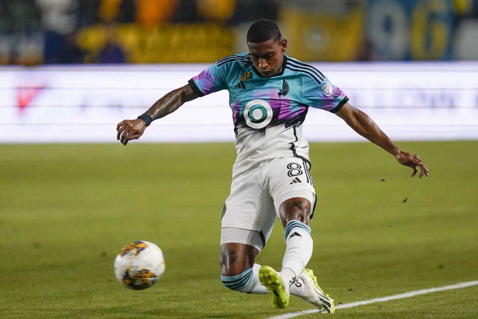 Minnesota United midfielder Joseph Rosales clears the ball during the first half of the team's MLS soccer match against the LA Galaxy, Wednesday, Sept. 20, 2023, in Carson, Calif. (AP Photo/Ryan Sun)