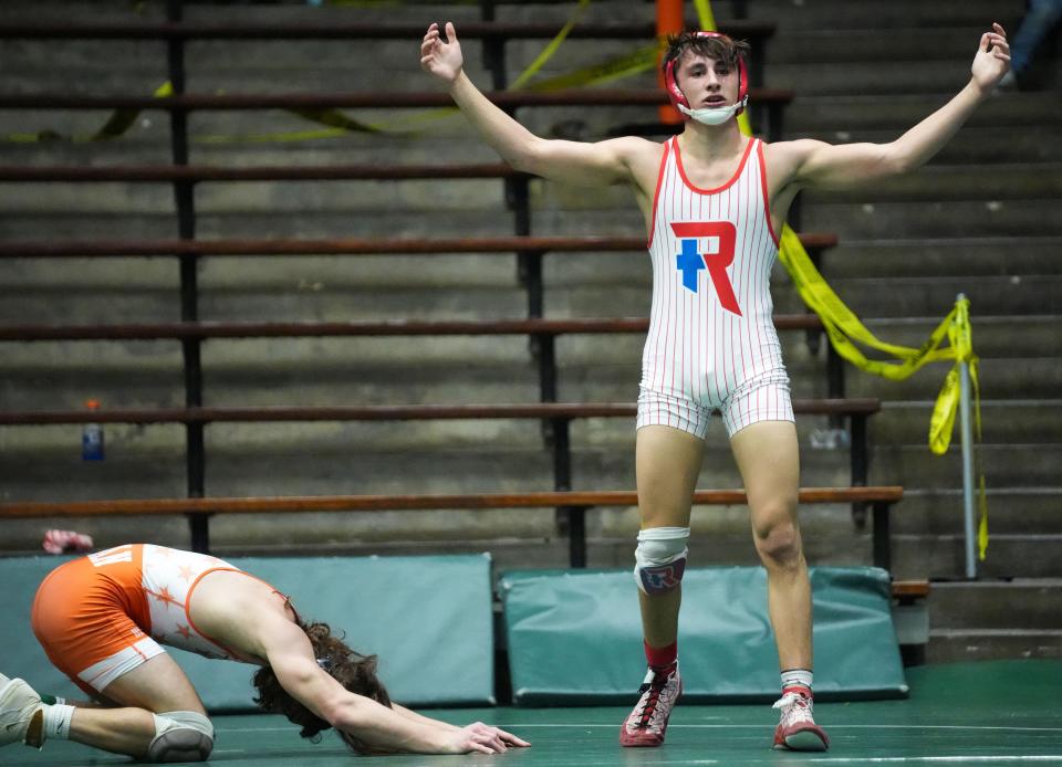 Roncalli's Braden Getz celebrates defeating Hamilton Heights Carson Fettig in the 150-pound bout finals on Saturday, Feb. 10, 2024, during the IHSAA boys wrestling semistate at New Castle High School in New Castle.