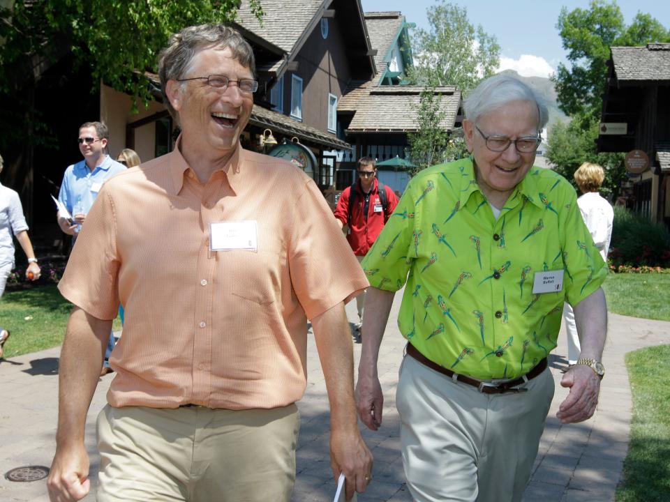 Billionaire investor Warren Buffett, right, and Microsoft Chairman and co-founder Bill Gates, left, at the Allen & Company Sun Valley Conference in Sun Valley, Idaho, Thursday, July 12, 2012.