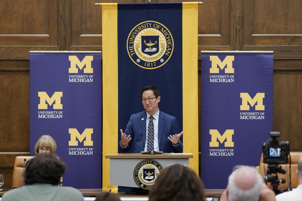 Santa Ono is introduced as the new president of the University of Michigan, Wednesday, July 13, 2022, in Ann Arbor, Mich. Ono becomes UM's 15th president and its first minority and Asian chief executive — the son of Japanese immigrants who came to the United States after World War II. The 59-year-old Ono has led the University of British Columbia for nearly six years after guiding the University of Cincinnati for four years. (AP Photo/Carlos Osorio)