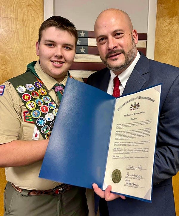Evan Funk isn't just the "unsung hero" of Honesdale's varsity wrestling team, he's also an Eagle Scout. Evan is pictured here with PA State Representative Jonathan Fritz.