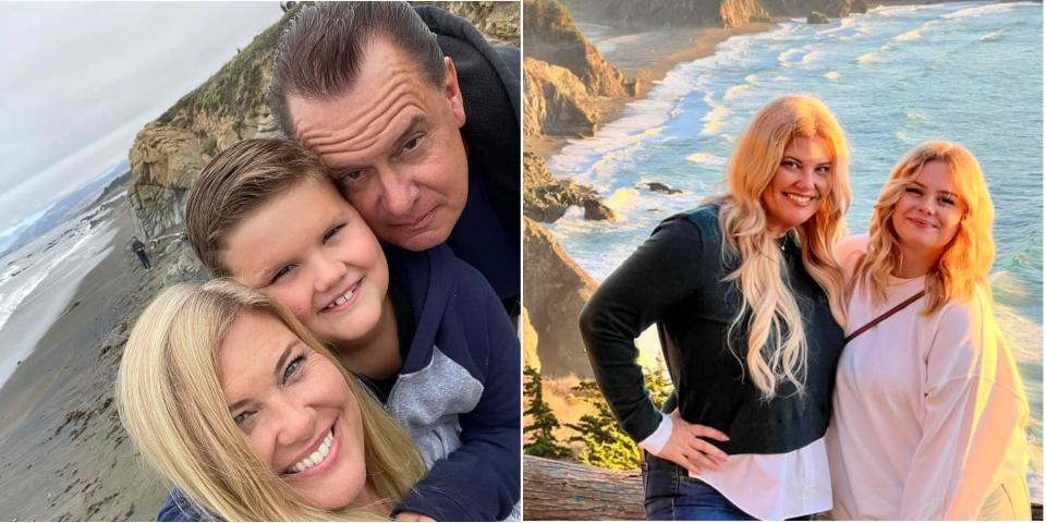 Two photos of Kellee Speakman posing with her family on the beach