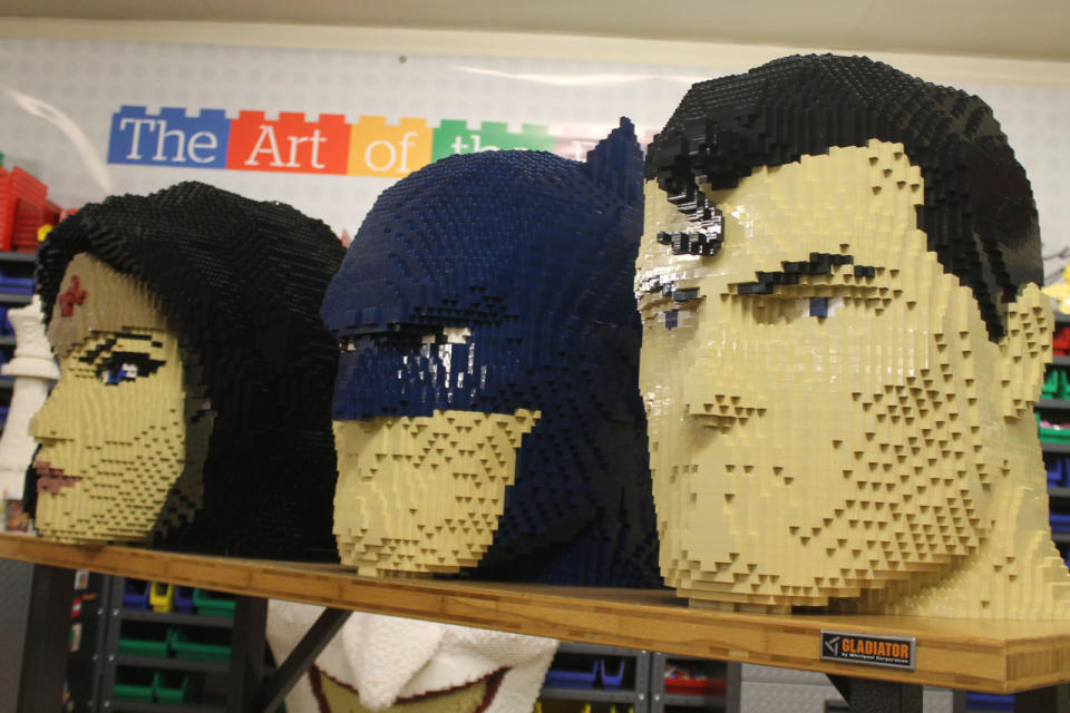 “The curlicue on Superman’s forehead took a long time to play right and still come across as hair,” says the artist, who has 4 million Lego bricks stored in his studio. 