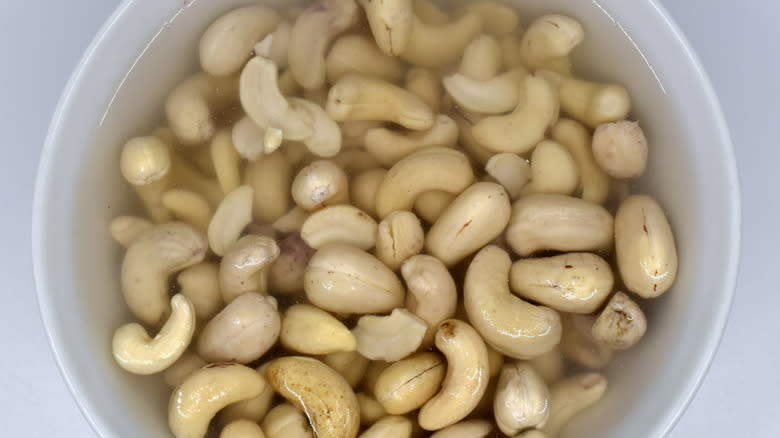 cashews in a white bowl soaking in water