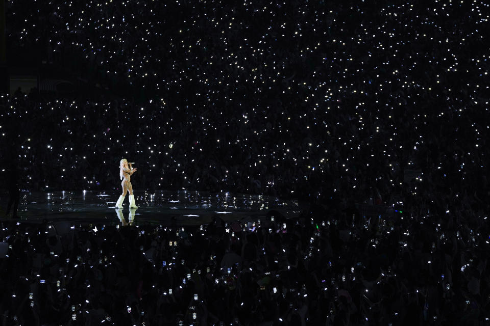 Karol G performs during her "Manana Sera Bonito" tour at the Monumental Simon Bolivar Stadium in Caracas, Venezuela, Friday, March 22, 2024. (AP Photo/Matias Delacroix)