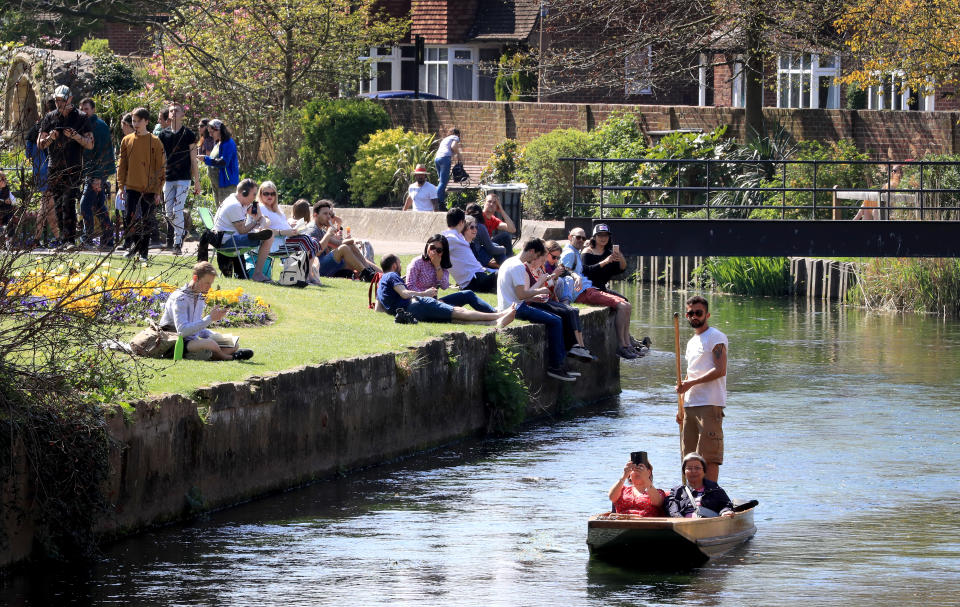 Punts heading through Westgate Gardens in Canterbury, Kent, during the warm Easter weather. Photo: Gareth Fuller/PA Wire/PA Images