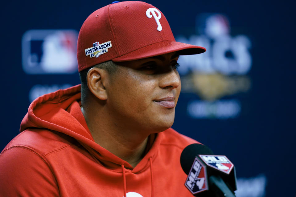 Philadelphia Phillies starting pitcher Ranger Suarez speaks during a news conference ahead of Game 3 of the baseball National League Championship Series against the San Diego Padres, Thursday, Oct. 20, 2022, in Philadelphia. (AP Photo/Matt Rourke)