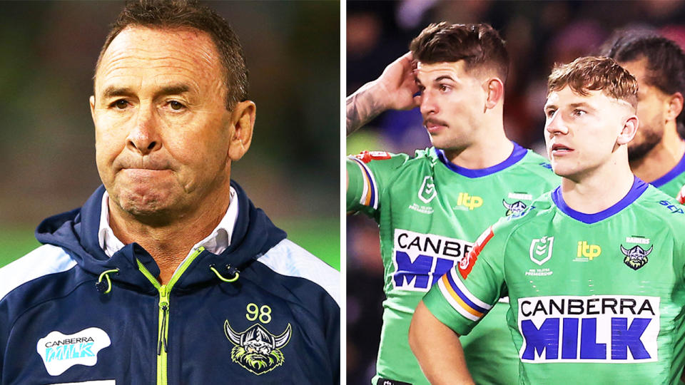 Coach Ricky Stuart (pictured left) looking dejected and (pictured right) Raiders players looking defeated.