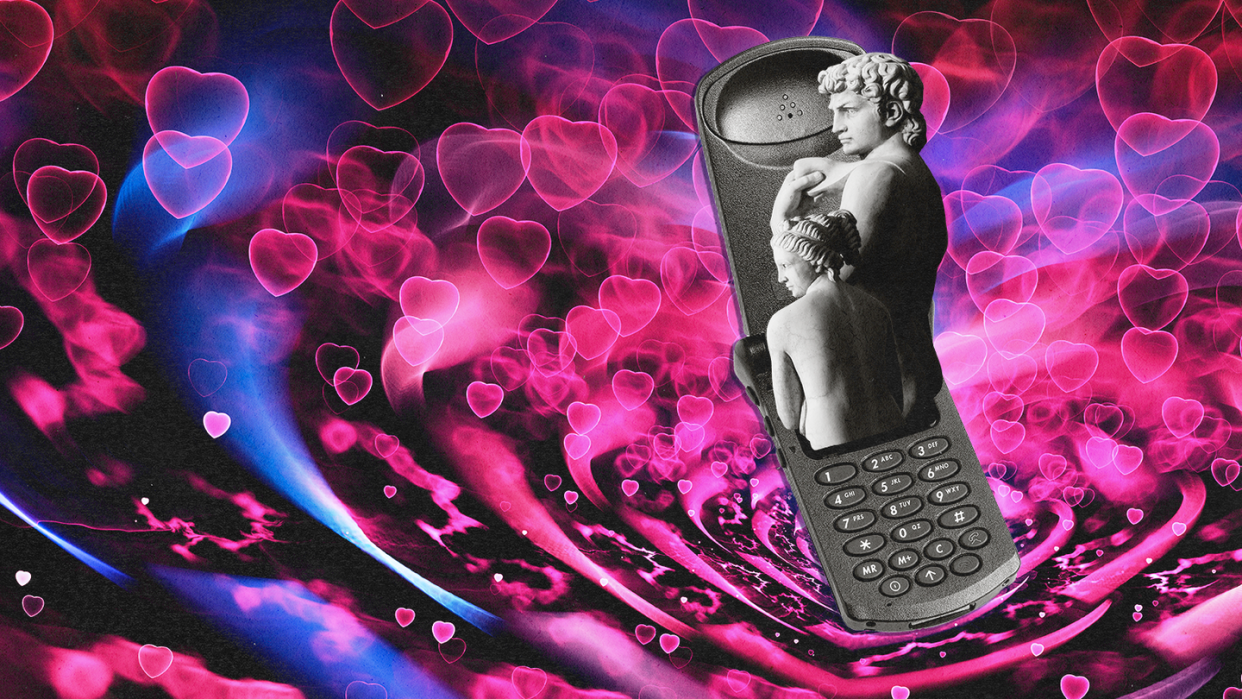 a flip phone on a colorful background of hearts