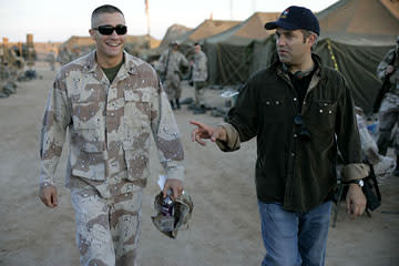 <p>Jake Gyllenhaal and director Sam Mendes on the set of Universal Pictures' Jarhead - 2005</p>