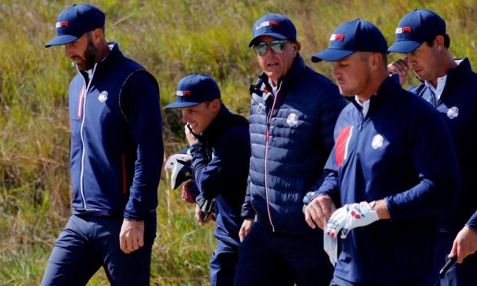 Team USA on a practice round at Whistling Straits this week, including Bryson DeChambeau (second from right) and vice-captain Phil Mickelson (centre).