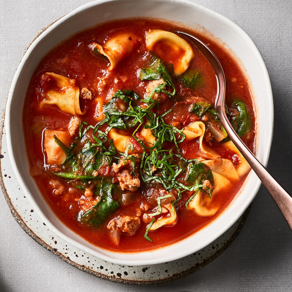 <p>Full of a comforting tomato base and plenty of fresh spinach, the spicy sausage is a zingy, flavorful addition to this easy soup recipe. If you want to make the soup ahead of time, save the tortellini for shortly before serving so that it doesn't get soggy and break apart. <a href="https://www.eatingwell.com/recipe/275735/sausage-spinach-tortellini-soup/" rel="nofollow noopener" target="_blank" data-ylk="slk:View Recipe;elm:context_link;itc:0;sec:content-canvas" class="link ">View Recipe</a></p>