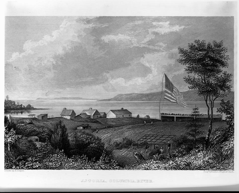 The small settlement of Astoria, Oregon, on the Columbia River, in the 1840s shortly after it was returned to U.S. control from the British, in an engraving appearing in Charles Wilkes' Narrative of the United States Exploring Expedition.