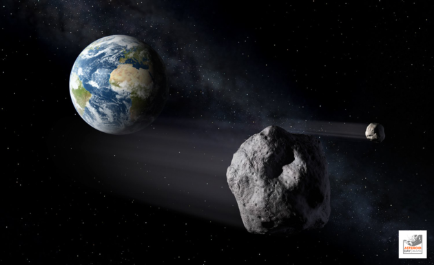 An artist’s concept shows asteroids zooming past Earth (NASA / Asteroid Day Illustration)