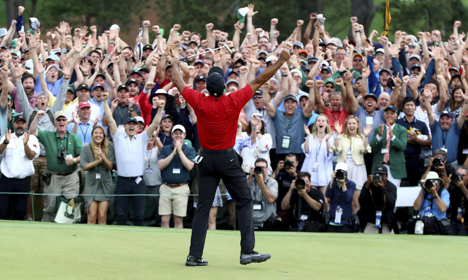 Tiger Woods reacts as he wins the Masters golf tournament Sunday, April 14, 2019, in Augusta, Ga. (Curtis Compton/Atlanta Journal-Constitution via AP)